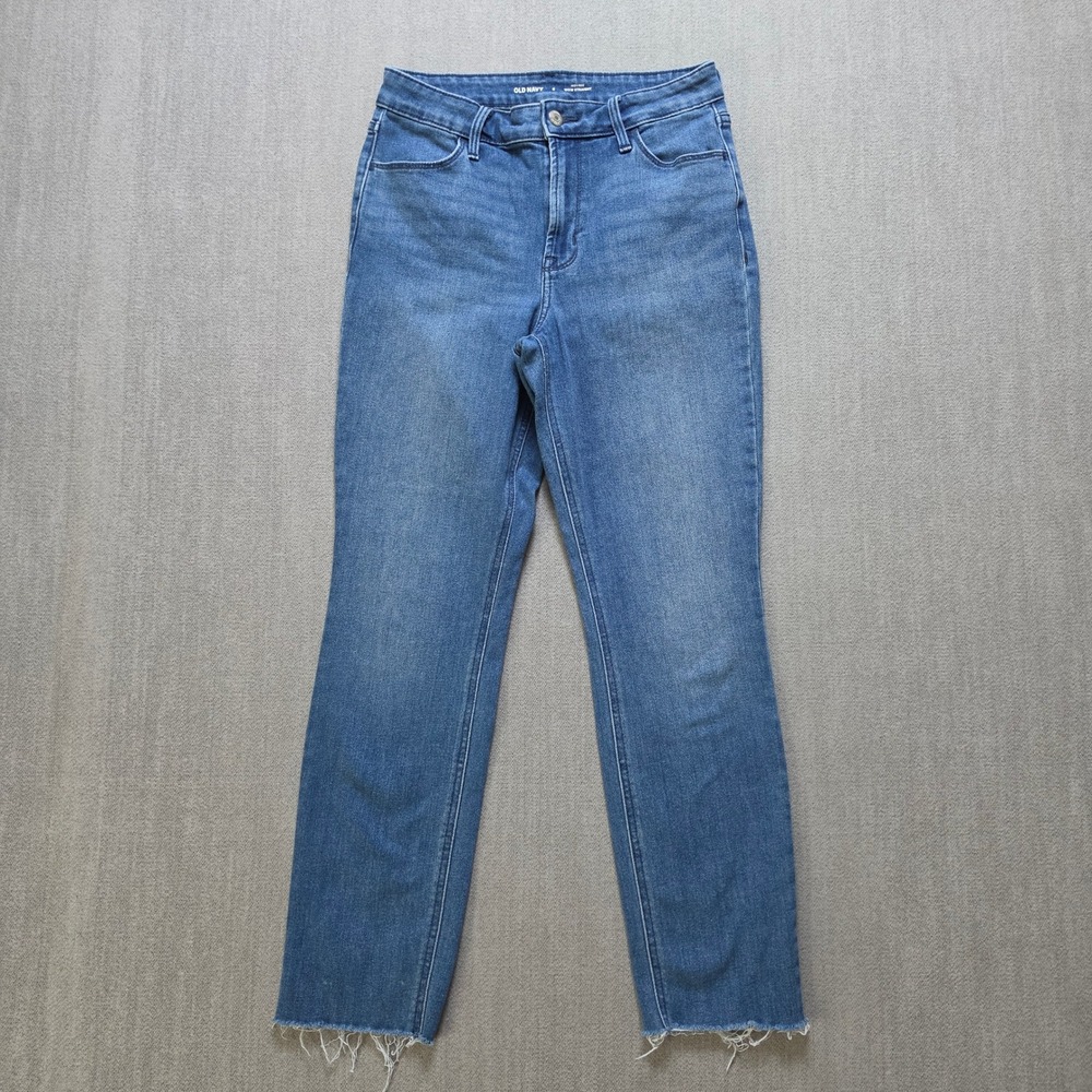 Old Navy Wow Straight Jeans Women 6 Blue High Rise Raw Hem Denim